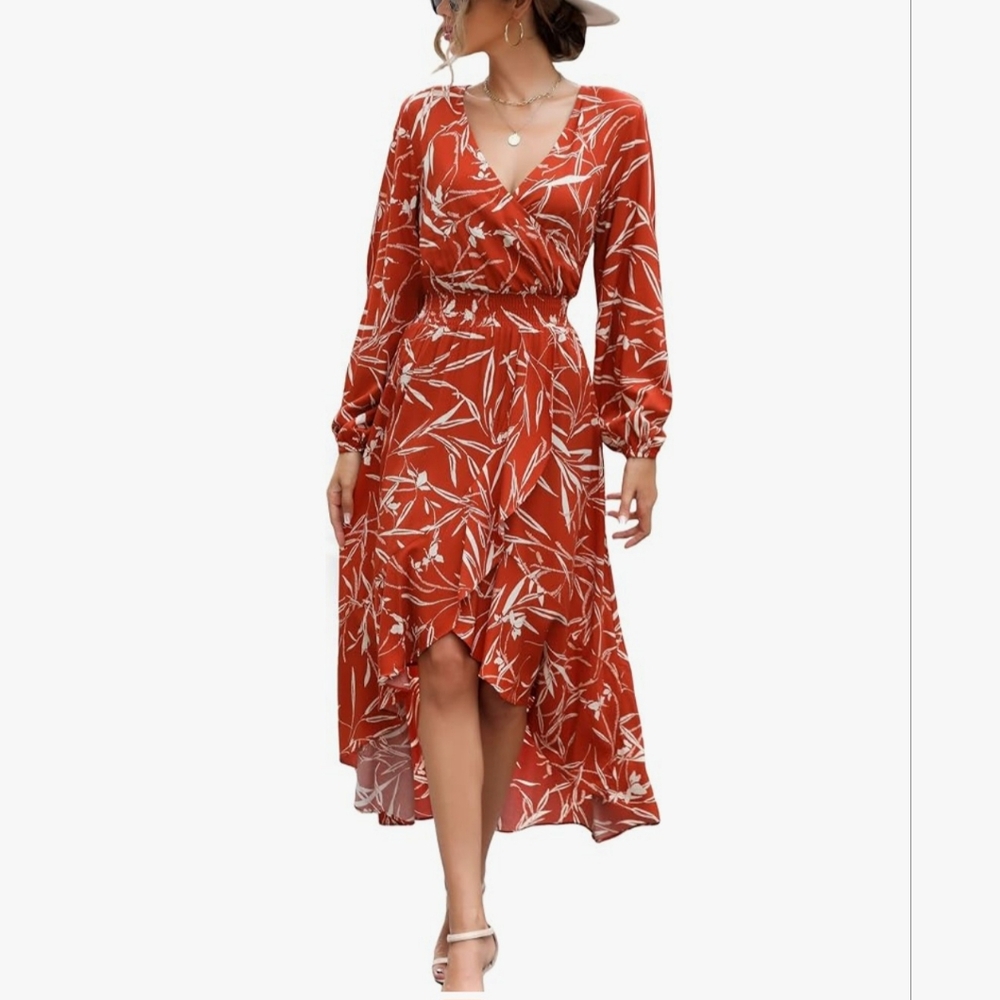 Womens Long Sleeve Floral High Low V-Neck Flowy Party Long Maxi Dress